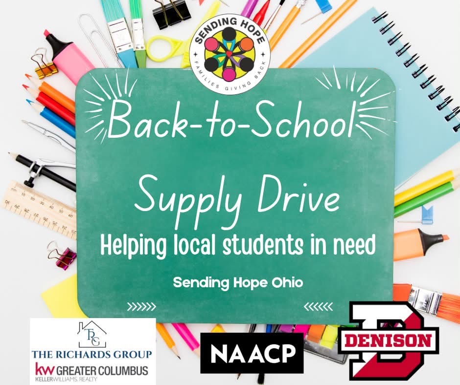 Back-to-School Supply Drive graphic: Helping local students in need, with partners The Richards Group, Keller Williams Greater Columbus, NAACP, and Denison University
